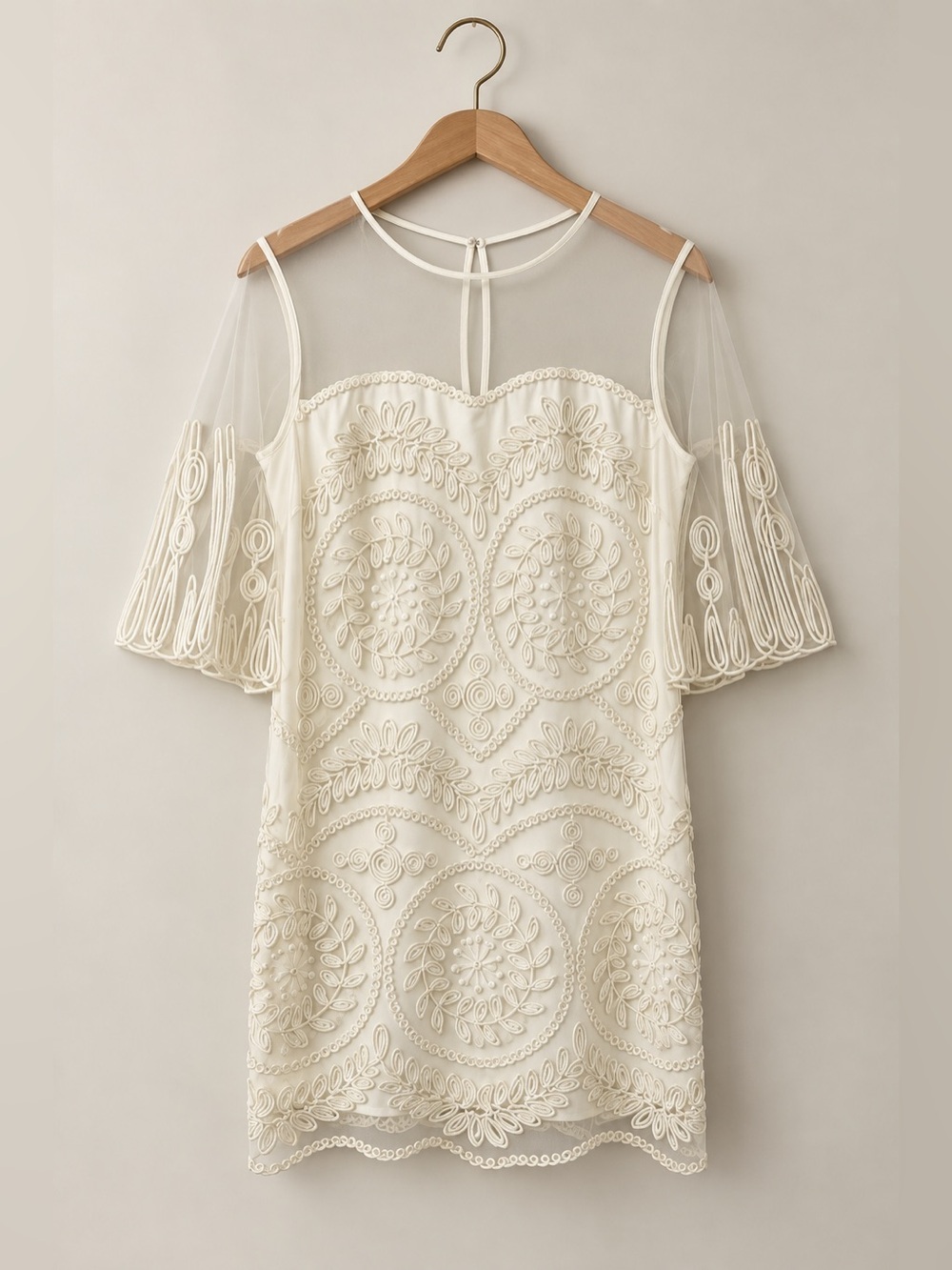 Belle by Badgeley Mischka | Ivory White Lace Embroidered Mini Dress Sheer Sleeve